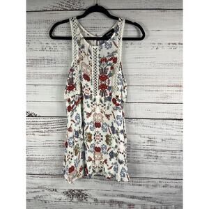 Aakaa Dress Womens Medium White Floral Sleeveless Boho Crochet Trim Summer Tunic
